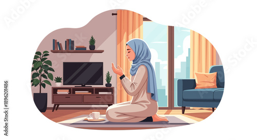 Young Muslim woman praying at home, wearing hijab, serene, at sunrise