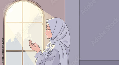 Young Muslim woman praying by window, wearing hijab, soft light, peaceful moment