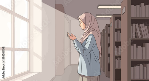 Young Muslim Woman Praying in a Library Hallway
