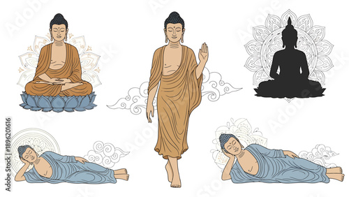 Collection of Buddha poses illustrating spiritual journey and enlightenment seated, walking, and reclining figures, with intricate mandalas and clouds