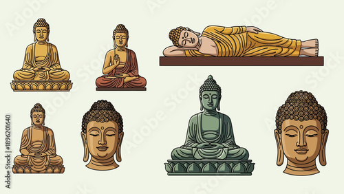 Collection of various peaceful Buddha statues and sculptures in different poses and colors, representing Buddhist art and spirituality