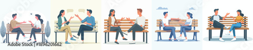 vector of a couple sitting on a park bench talking together