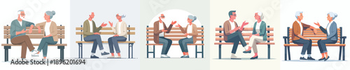 vector of a old couple sitting on a park bench talking together