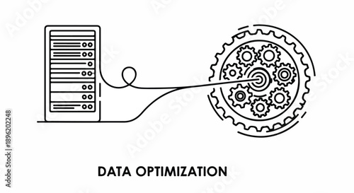 Data optimization concept illustration with server rack connected to intricate gears, symbolizing efficient processing, technology, and system management.
