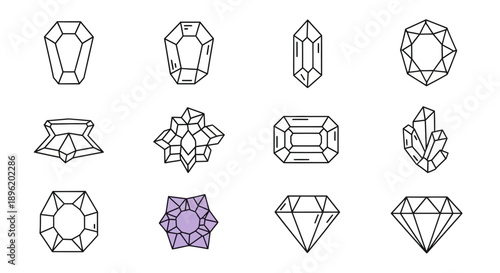 Gemstone shapes line art set. Crystal icons
