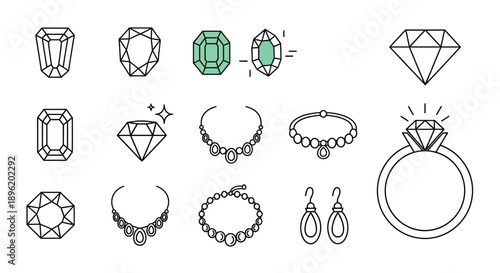 Jewelry icon set. Diamond, ring, necklace