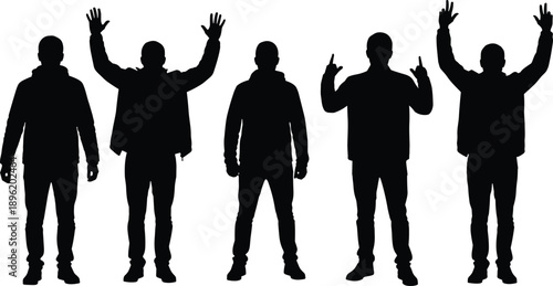 Black silhouettes of men raising hands in different poses isolated on white background concept of authority protest surrender gesture symbolism
