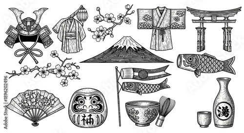 Japanese culture symbols vector set