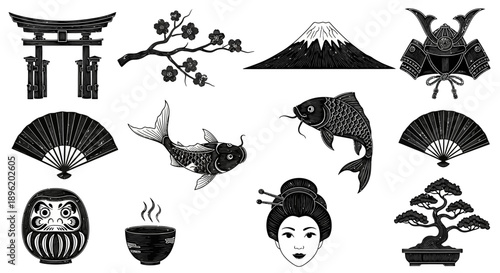 Japanese Culture Icons Set in Black and White