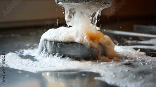 Medium shot of hyperlift foam powerfully lifting stubborn grease and grime from kitchen surfaces with dynamic action.