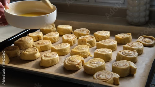 glazing raw unbaked cinnamon rolls on tray before put them in oven, baking at home, daylight, woman hand with food brush