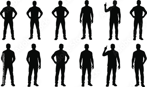 Black silhouettes of men standing confidently in different poses isolated on white background representing leadership, authority, confidence and power concepts