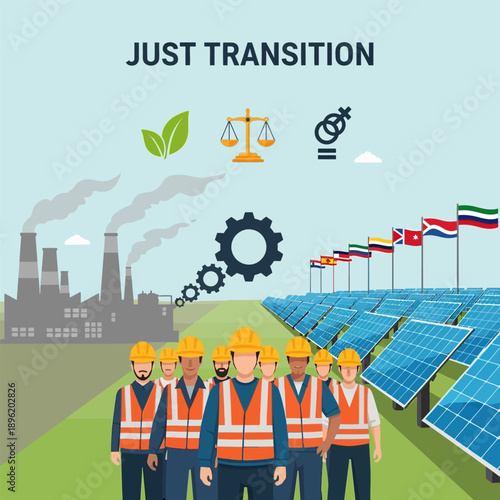 Just transition concept with workers moving from industry to solar energy production
