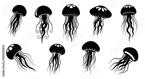 Jellyfish silhouettes set, marine life collection