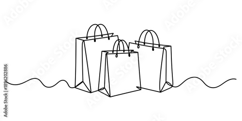 Continuous line art drawing of three minimalist shopping bags symbolizing retail and consumerism