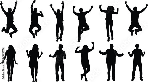 Black silhouettes of people jumping and celebrating with raised arms isolated on white background symbolizing success, joy, freedom and positive energy