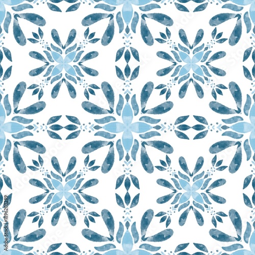 Intricate Blue Watercolor Pattern with Floral Elements for Artistic Textures and Backgrounds