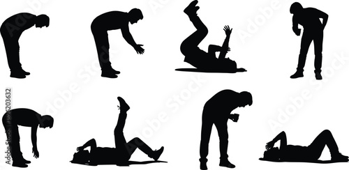 Black silhouettes of people showing stress, exhaustion, pain and falling poses isolated on white background representing fatigue, failure and emotional struggle
