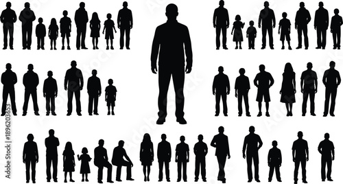 Black silhouettes of people of different ages and family groups isolated on white background representing population, diversity, growth and human society