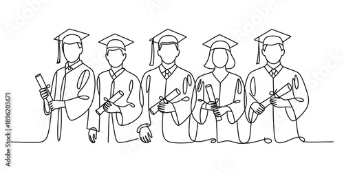 Continuous line drawing of diverse graduates celebrating academic achievement with diplomas