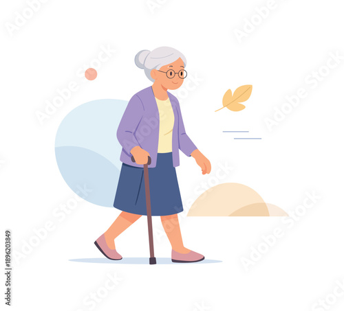 Elderly woman walking with cane, flat vector illustration
