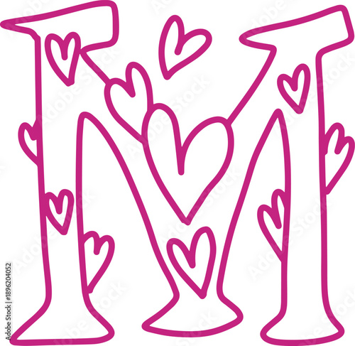 M monogram letter hand drawn with hearts. Pink alphabet symbol isolated on white.