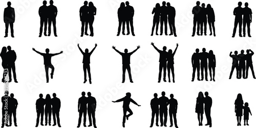 Black silhouettes of people standing together and celebrating in different poses isolated on white background representing unity, friendship, teamwork and emotion
