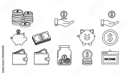 Money and Earnings Black Outline Icon Set Vector Illustration