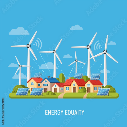 Modern village with houses powered by wind turbines and solar panels for clean energy