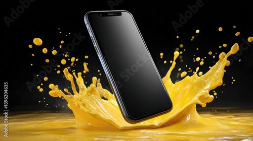 Wallpaper Mural Smartphone Splashing into Vibrant Yellow Liquid on Black Background Torontodigital.ca
