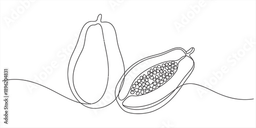 Continuous line art drawing of a whole papaya fruit and a half-cut papaya showing seeds