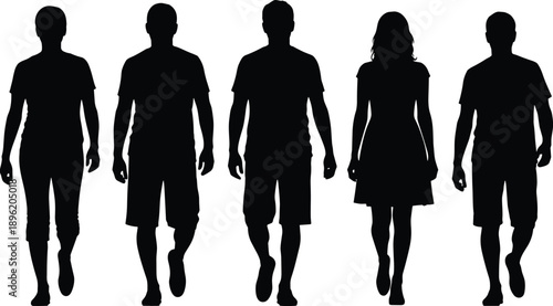 Silhouettes of diverse people walking together isolated on white background representing teamwork, community, equality, anonymity, modern lifestyle concept illustration collection