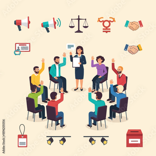 Community meeting with diverse participants voting and leader moderating discussion