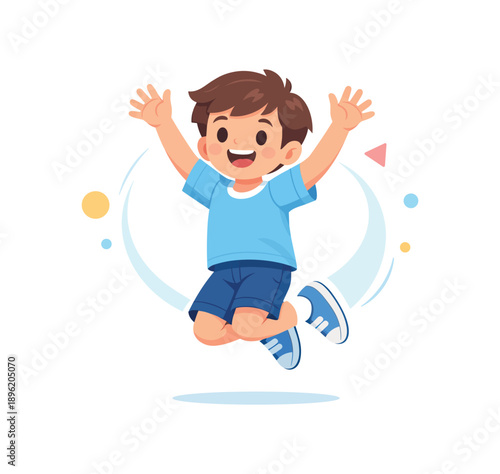 Happy boy jumping with joy in the air, flat vector illustration
