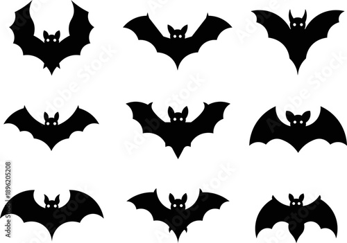 Collection of bat silhouettes in various flying positions against a clean background, 70.eps reference