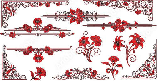 Set of red and black abstract banners featuring blood splatters and a vintage floral ornament border with baroque scroll elements and ornate leaf patterns in a silhouette vector illustration