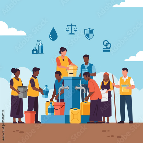 Community collecting water at a well pump with diverse people and supplies