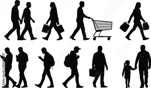 Silhouettes of people walking shopping, using phones, traveling, family life activities isolated on white background modern urban lifestyle concept collection