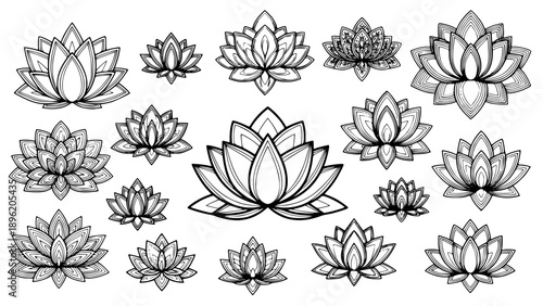 Collection of beautifully detailed black and white lotus flower illustrations perfect for various creative design projects