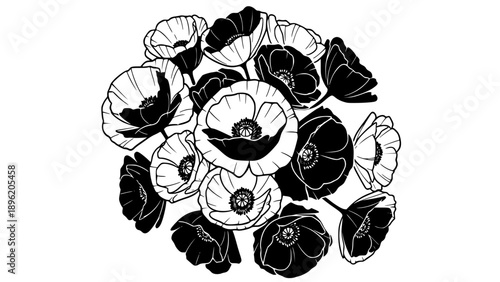 Striking black and white illustration featuring a clustered arrangement of beautiful poppy flower blooms with detailed petals