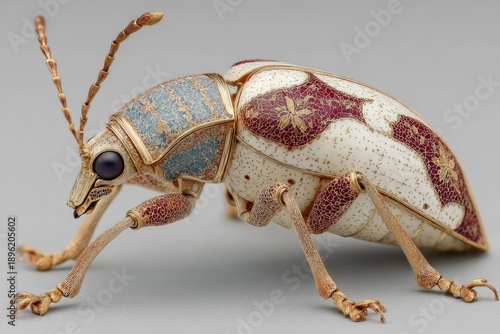 Ornamental jeweled weevil figurine in crackled white enamel with hand-painted maroon and blue flowers, gold details, black gem eyes, segmented legs, and striped antennae. Macro side view 
