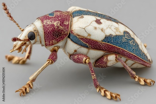 Ornamental jeweled weevil figurine in crackled white enamel with hand-painted maroon and blue flowers, gold details, black gem eyes, segmented legs, and striped antennae. Macro side view 