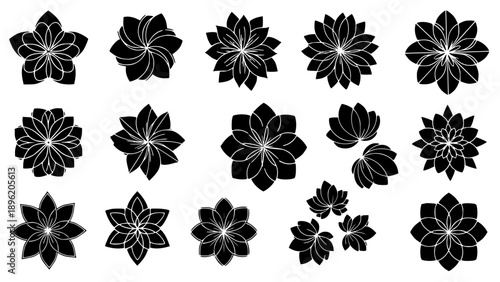 Collection of stylized black and white floral silhouette icons showcasing various symmetrical geometric lotus petal designs.