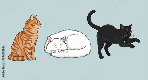 Cute cartoon illustration of a cat with a mouse and dog in a playful vector style