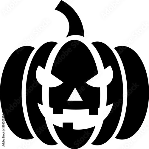 A black pumpkin illustration with a menacing face, vector graphic design for Halloween, isolated on a simple background, front view