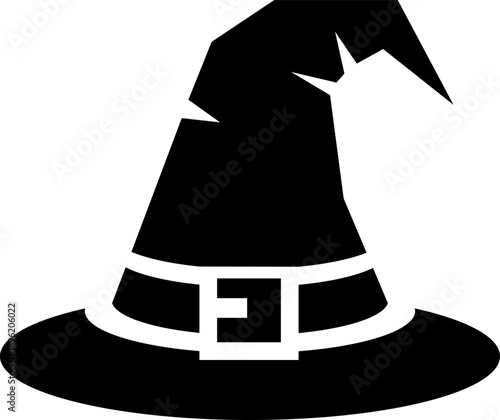 Silhouette of a witch hat with a buckle belt, vector illustration, isolated on a neutral background, viewed from the front, referencing