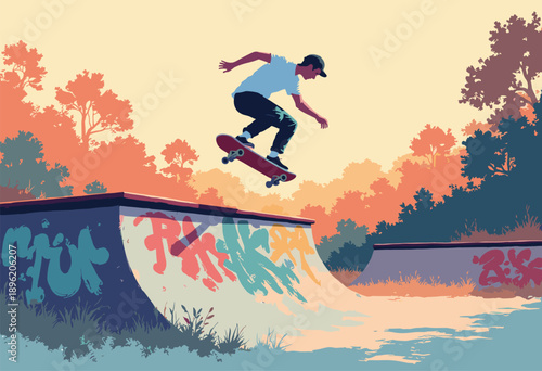 Flat Skateboarder doing trick halfpipe Urban concrete colors graffiti accents