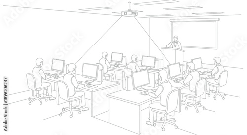 Instructor presents information using a projector to students seated at computers in a modern technology classroom training session