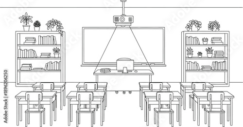 Empty classroom interior sketch featuring rows of student desks facing a large projection screen and teacher workstation with overhead projector technology equipment