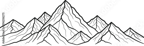 Stylized black and white vector illustration depicting a rugged mountain range landscape perfect for coloring book pages or minimalist graphic design projects.